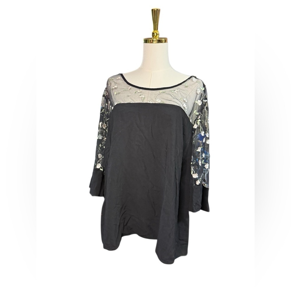 Unique Spectrum Black Tunic with Sheer Floral-Embroidered Yoke Bell Sleeves 3X